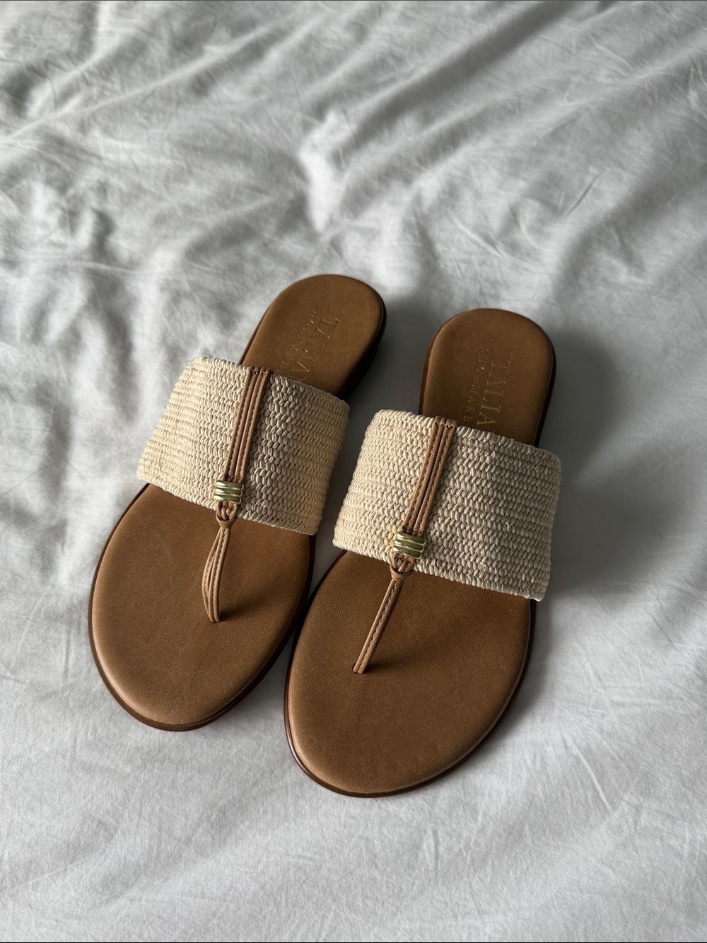 Italian Shoemakers Tan Footbed Sandals with Cream Braided Strap